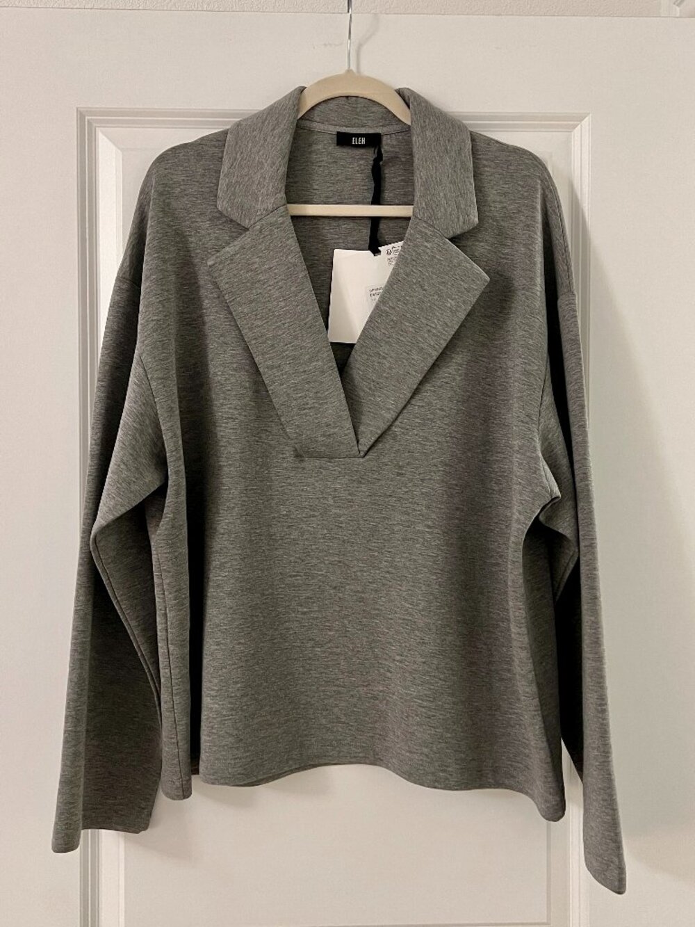 ELEH Gray Long Sleeve Split Collar Sweater Shirt Top, NEW